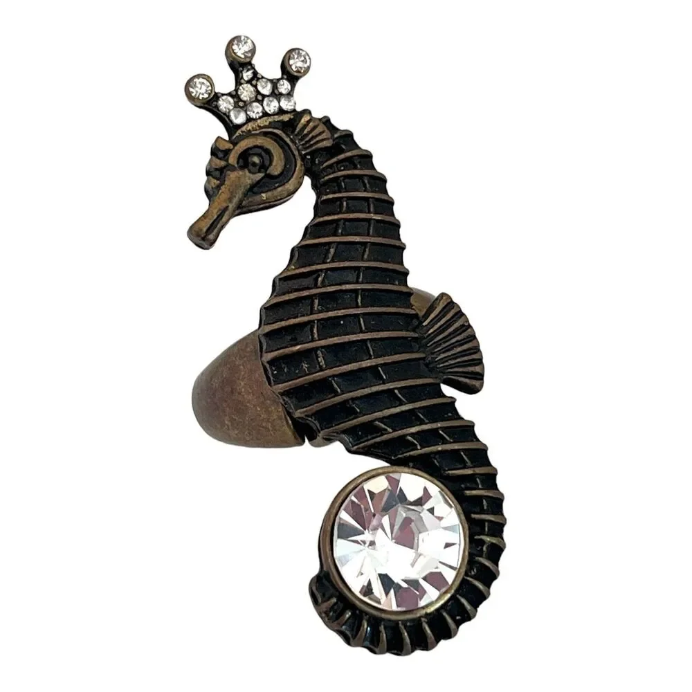 Seahorse Stretch Ring Antique Bronze Tone Clear Crystal Accents - 5W
